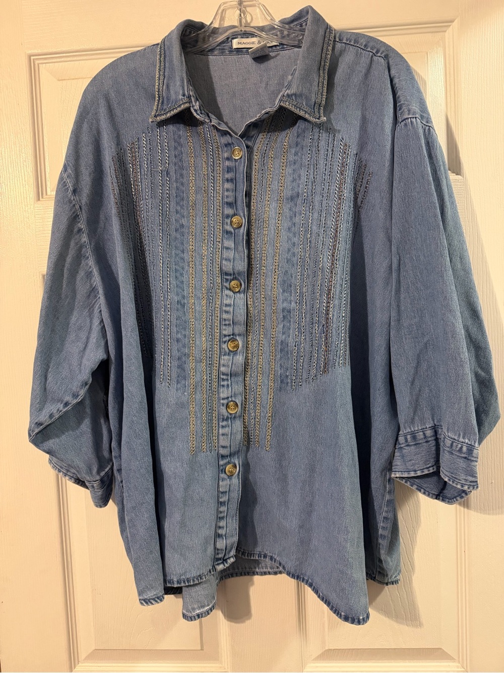 Maggie & Max Light Wash Denim Button-Up Shirt with Vertical Stitch Detailing
